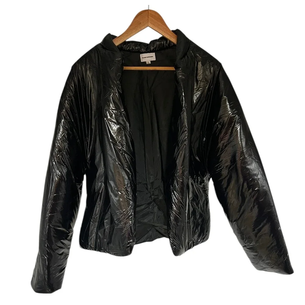 Club Paradise Shiny Black Puffer Jacket Small Glossy Quilted Y2K Streetwear‎
